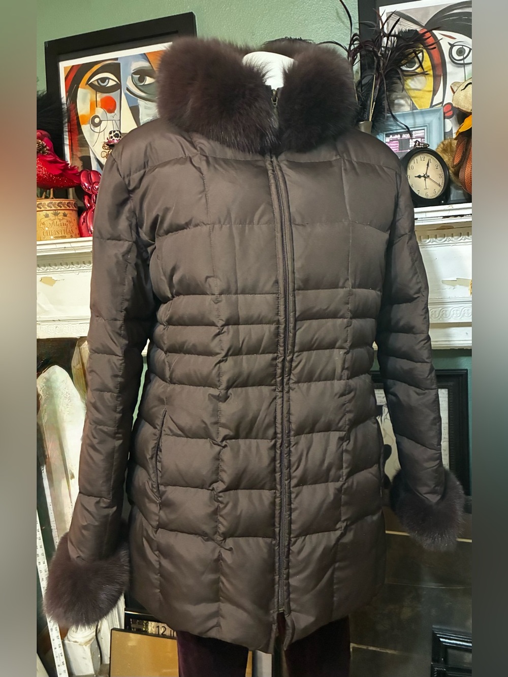 Marvin Richards Brown Puffer Coat with Real Fox Fur Trim-XL